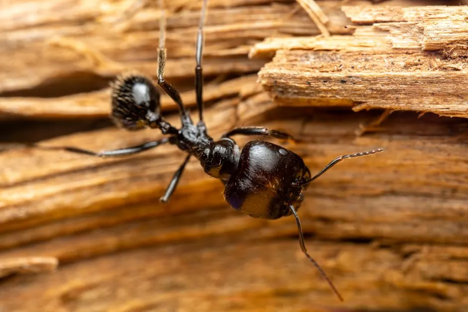Close-up shot capturing the intricate details of a black carpenter ant on wooden texture.